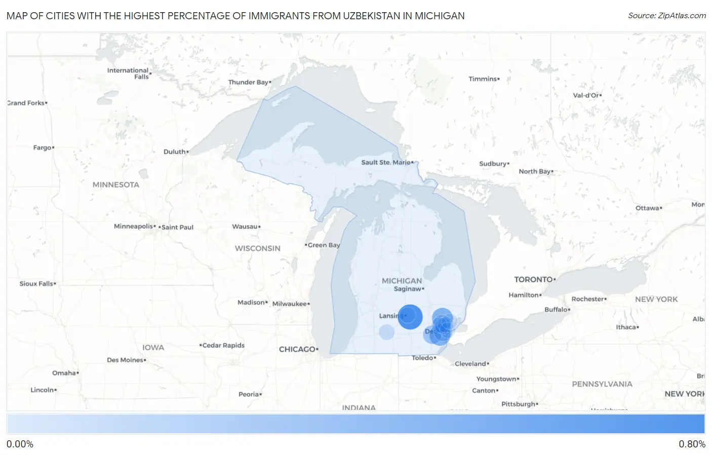 Cities with the Highest Percentage of Immigrants from Uzbekistan in Michigan Map