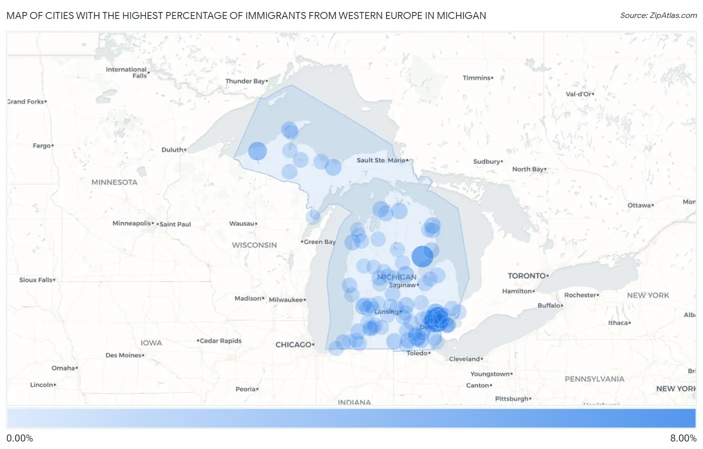 Cities with the Highest Percentage of Immigrants from Western Europe in Michigan Map
