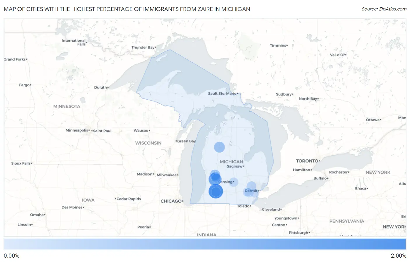 Cities with the Highest Percentage of Immigrants from Zaire in Michigan Map