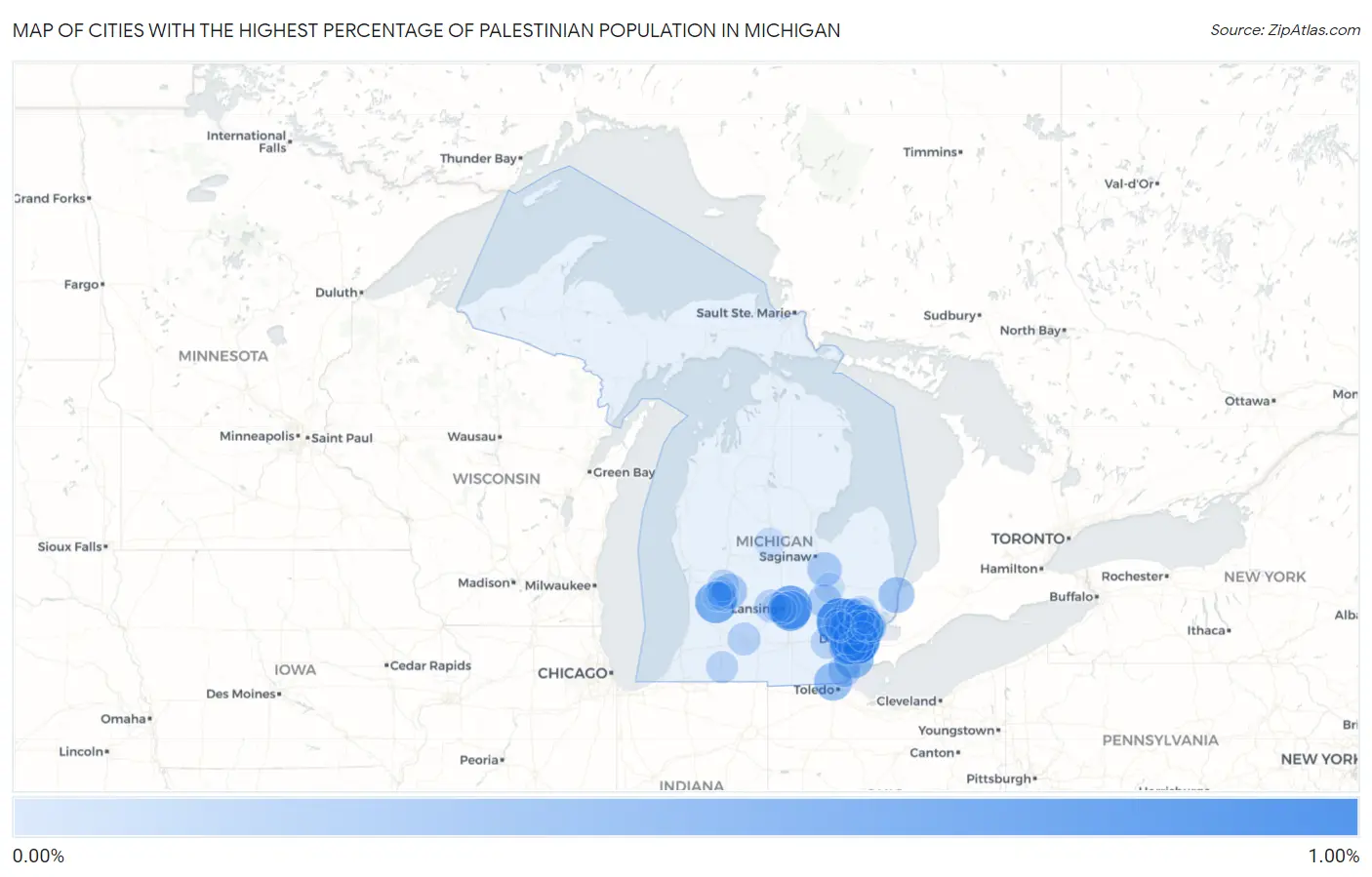 Cities with the Highest Percentage of Palestinian Population in Michigan Map
