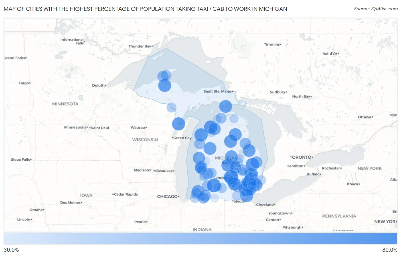 Cities with the Highest Percentage of Population Taking Taxi / Cab to Work in Michigan Map