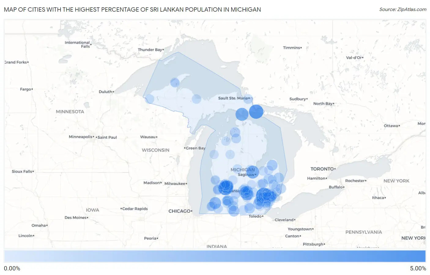 Cities with the Highest Percentage of Sri Lankan Population in Michigan Map