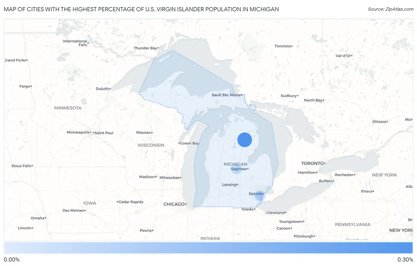 Cities with the Highest Percentage of U.S. Virgin Islander Population in Michigan Map
