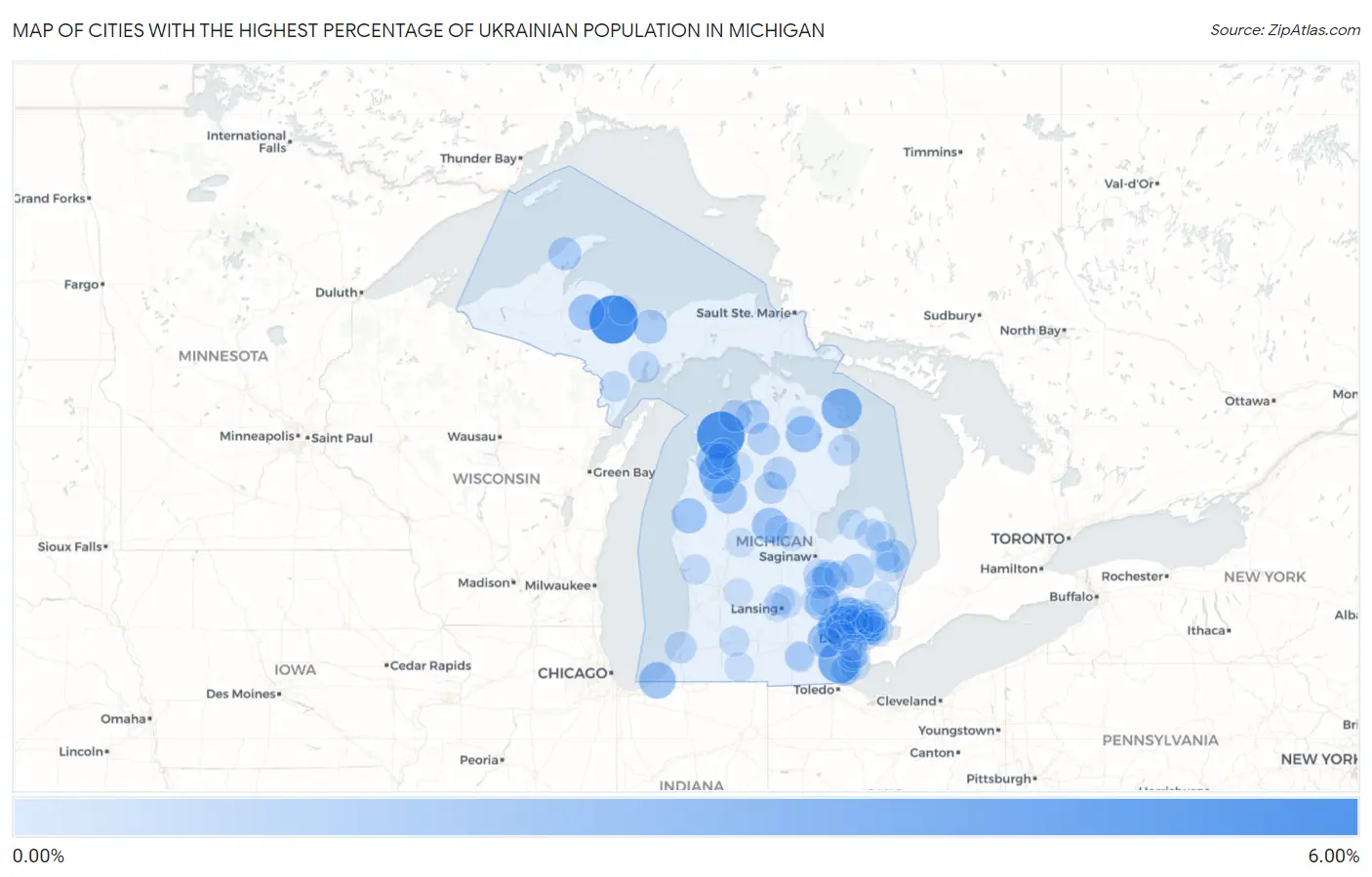 Cities with the Highest Percentage of Ukrainian Population in Michigan Map