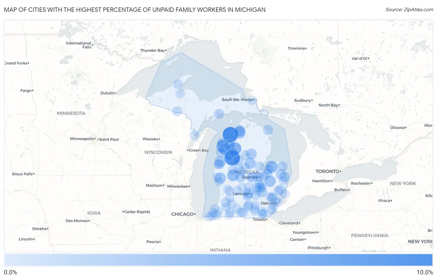 Cities with the Highest Percentage of Unpaid Family Workers in Michigan Map