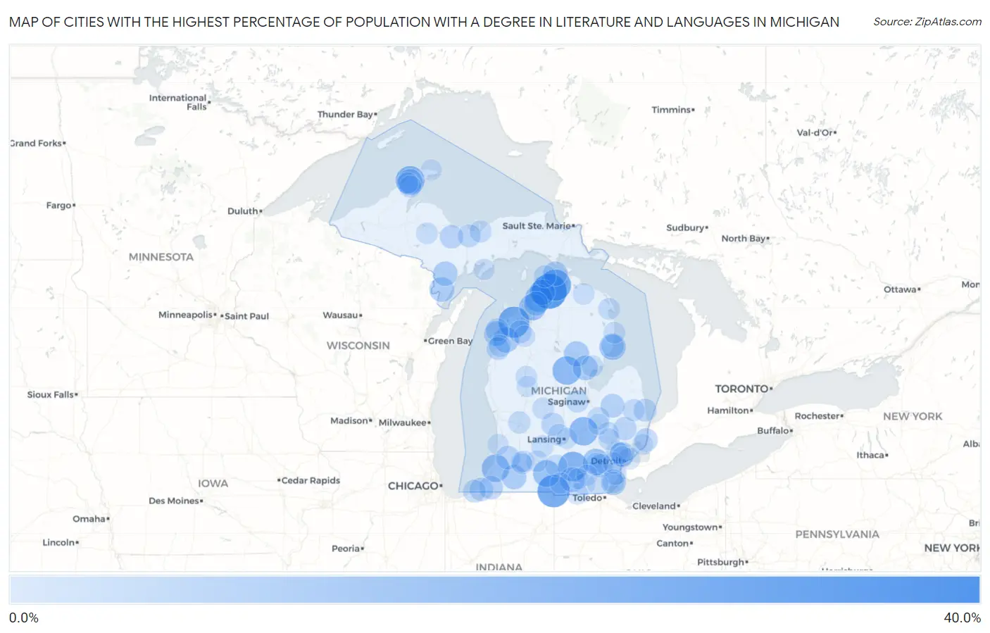 Cities with the Highest Percentage of Population with a Degree in Literature and Languages in Michigan Map