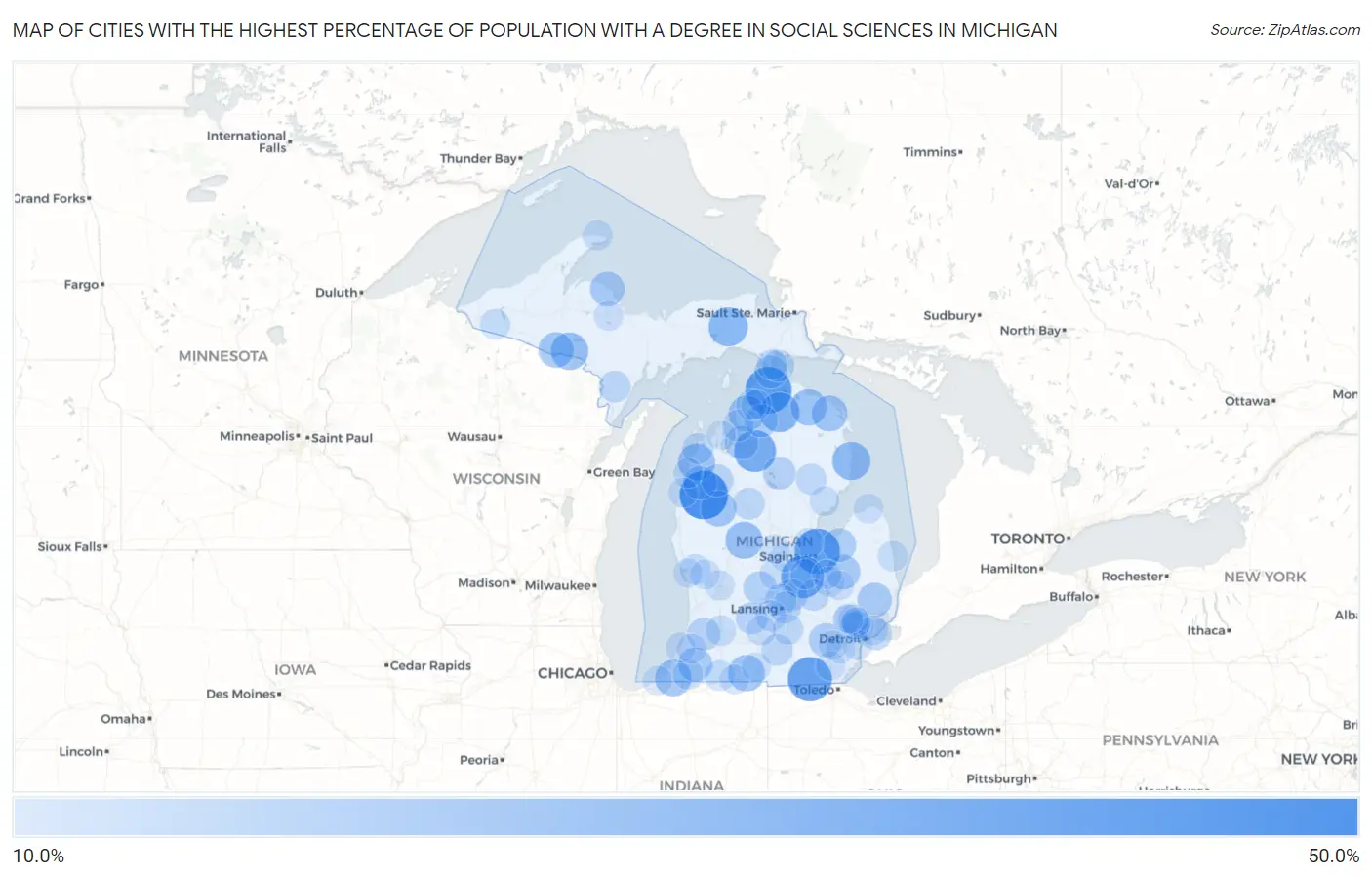 Cities with the Highest Percentage of Population with a Degree in Social Sciences in Michigan Map