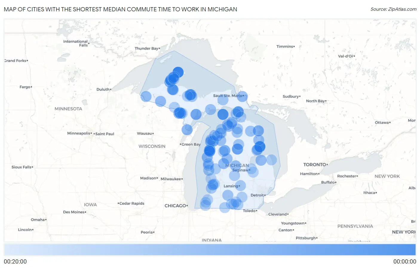 Cities with the Shortest Median Commute Time to Work in Michigan Map