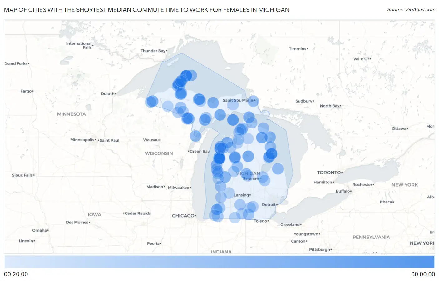 Cities with the Shortest Median Commute Time to Work for Females in Michigan Map