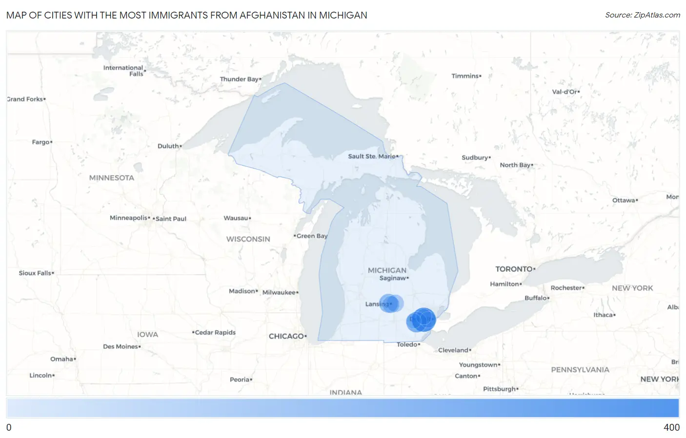 Cities with the Most Immigrants from Afghanistan in Michigan Map