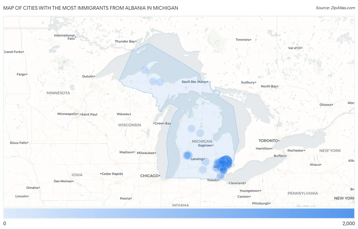 Cities with the Most Immigrants from Albania in Michigan Map