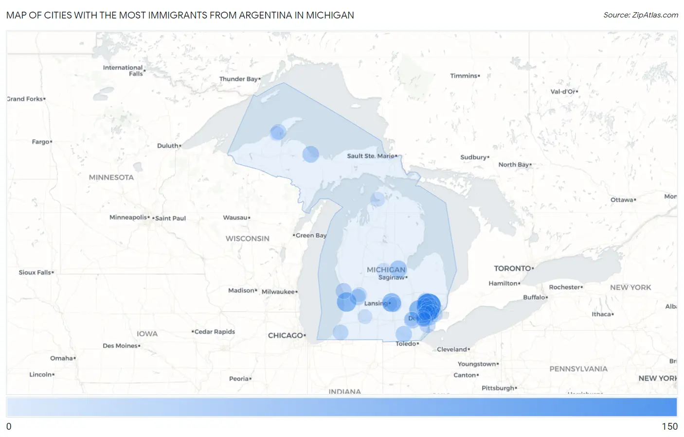 Cities with the Most Immigrants from Argentina in Michigan Map