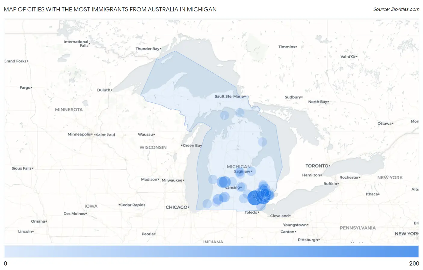 Cities with the Most Immigrants from Australia in Michigan Map