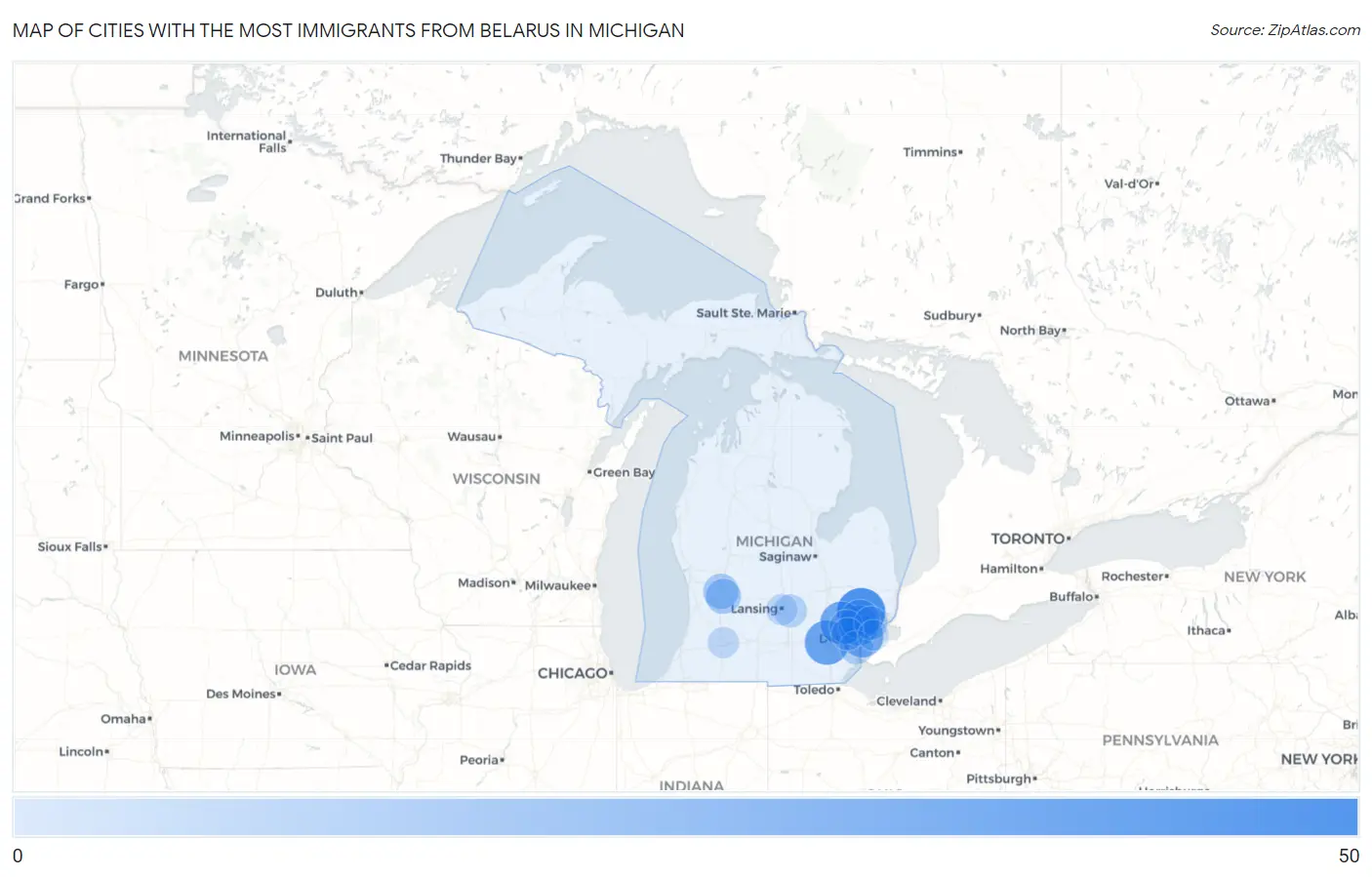 Cities with the Most Immigrants from Belarus in Michigan Map