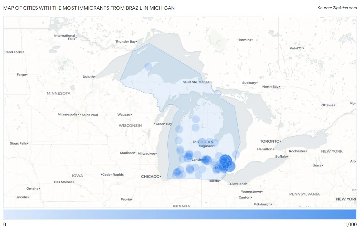 Cities with the Most Immigrants from Brazil in Michigan Map