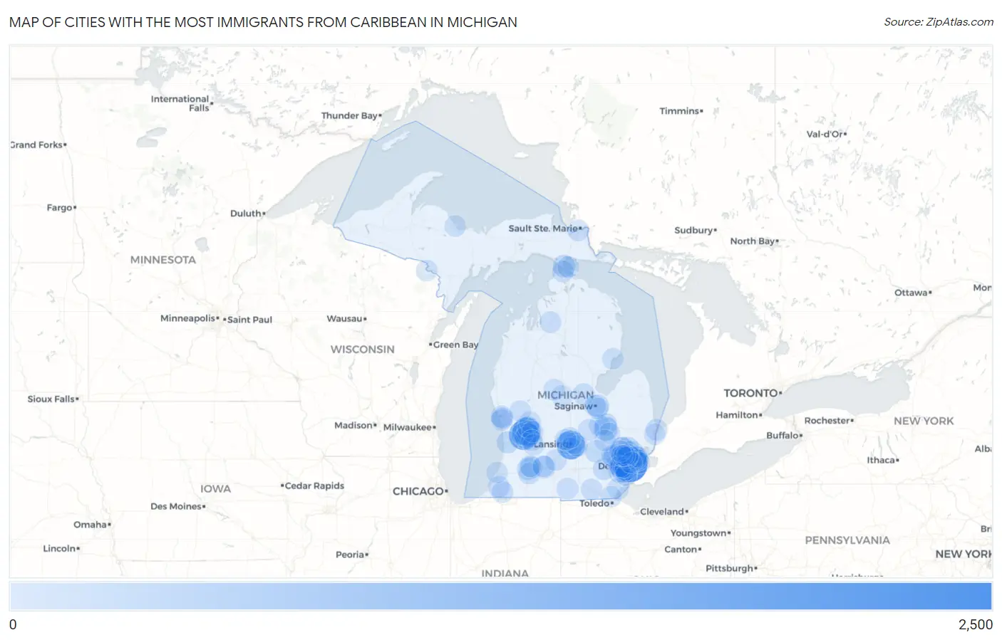 Cities with the Most Immigrants from Caribbean in Michigan Map