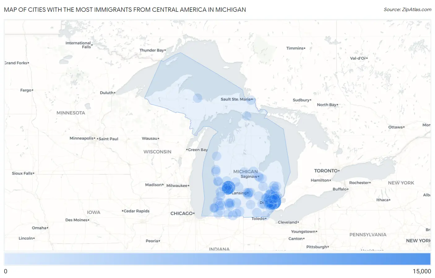 Cities with the Most Immigrants from Central America in Michigan Map