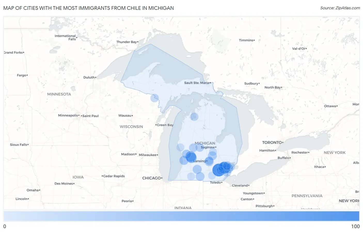 Cities with the Most Immigrants from Chile in Michigan Map