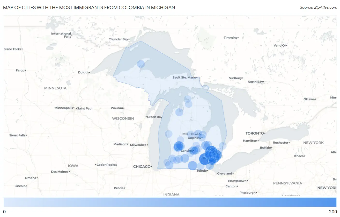 Cities with the Most Immigrants from Colombia in Michigan Map