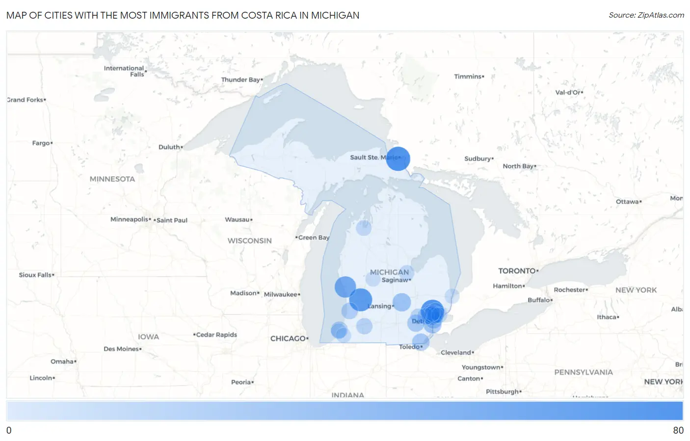 Cities with the Most Immigrants from Costa Rica in Michigan Map