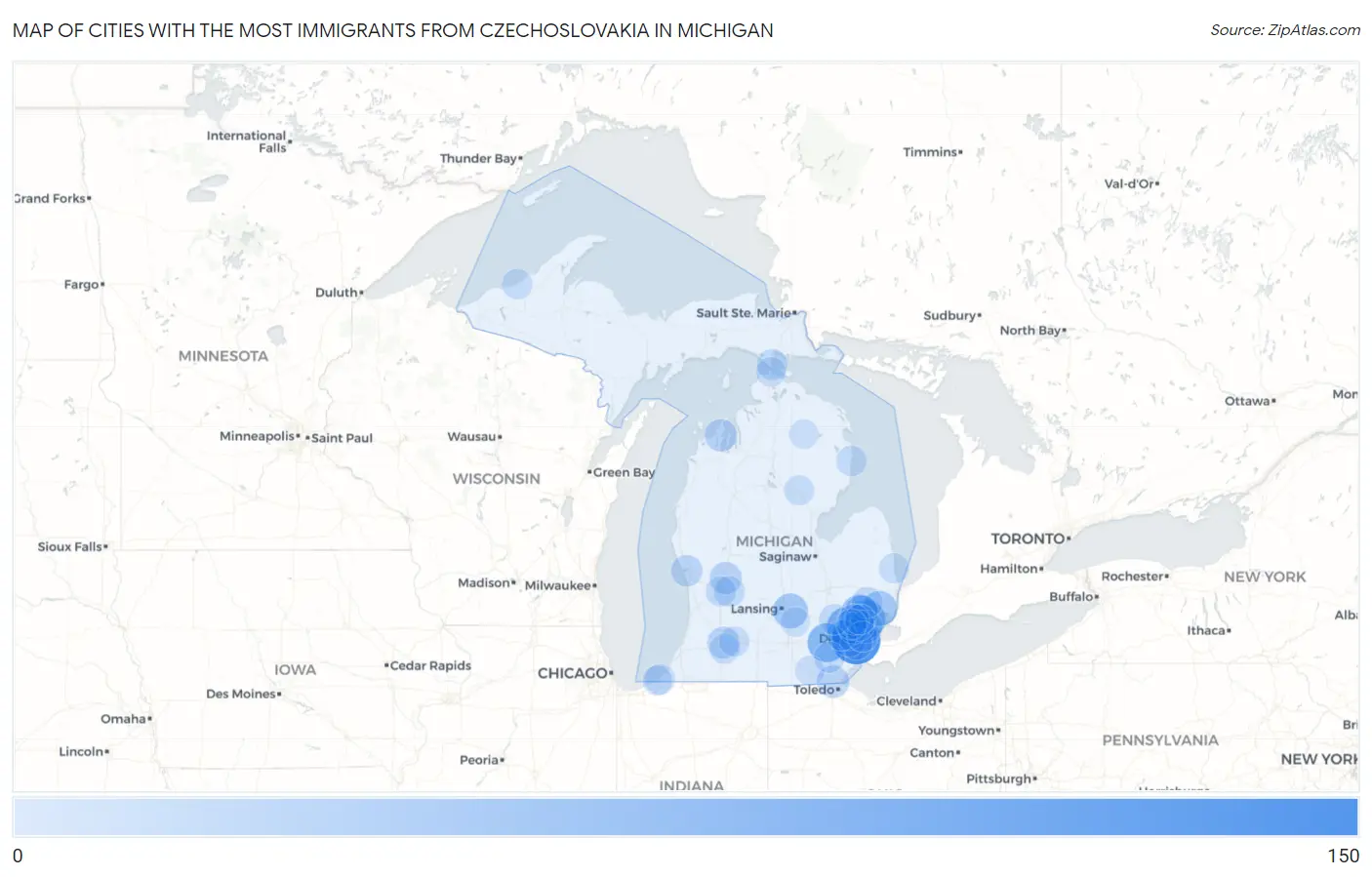 Cities with the Most Immigrants from Czechoslovakia in Michigan Map
