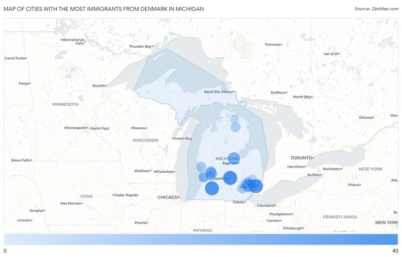 Cities with the Most Immigrants from Denmark in Michigan Map