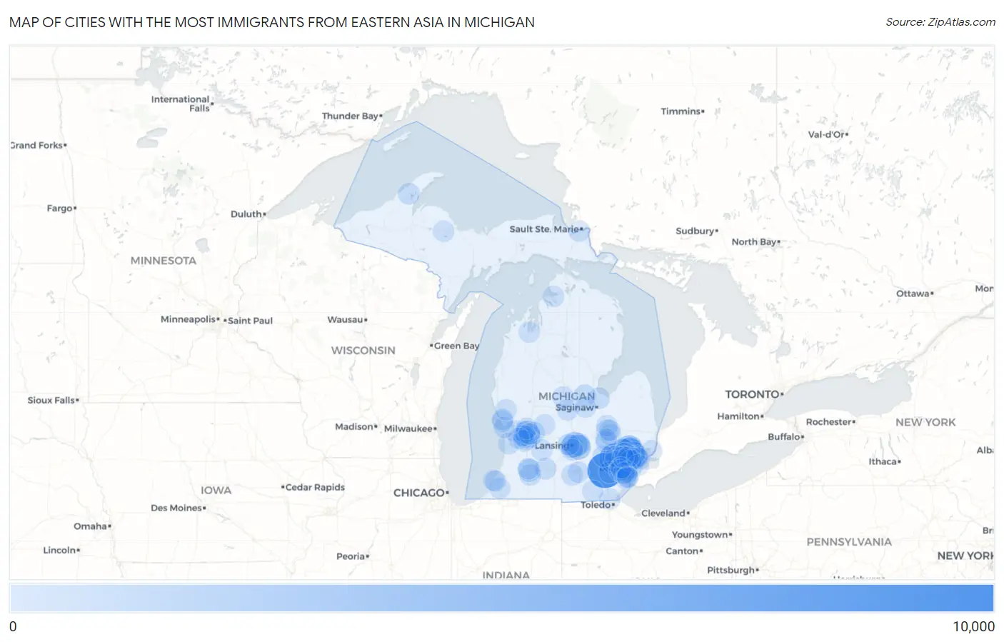 Cities with the Most Immigrants from Eastern Asia in Michigan Map
