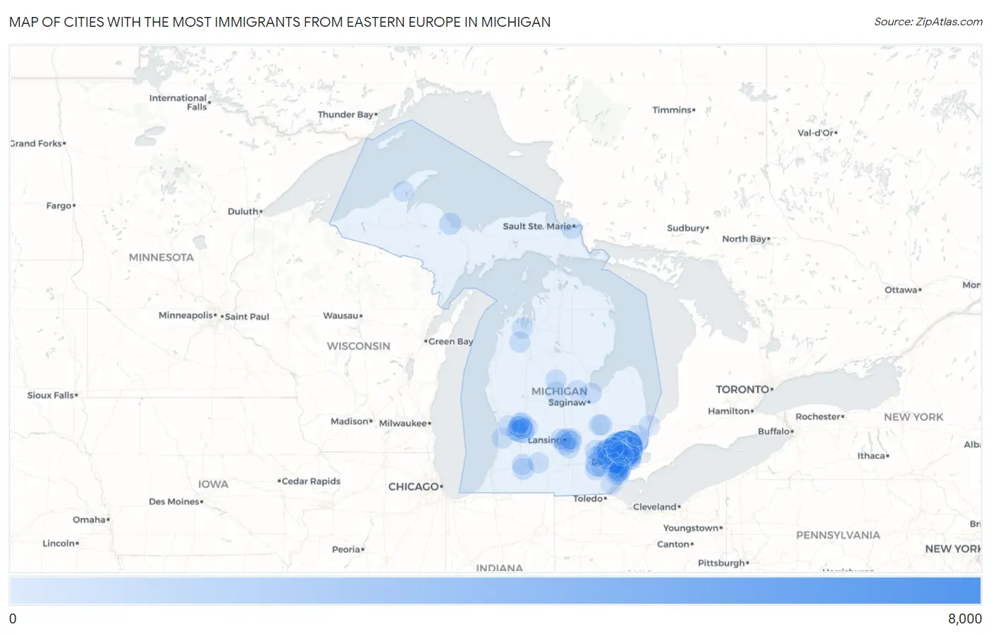 Cities with the Most Immigrants from Eastern Europe in Michigan Map