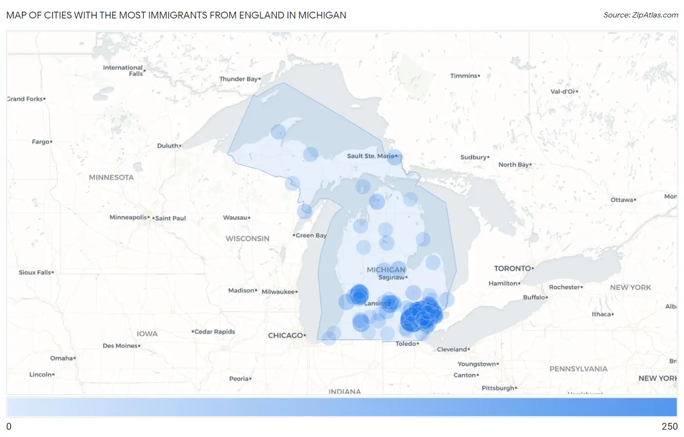 Cities with the Most Immigrants from England in Michigan Map
