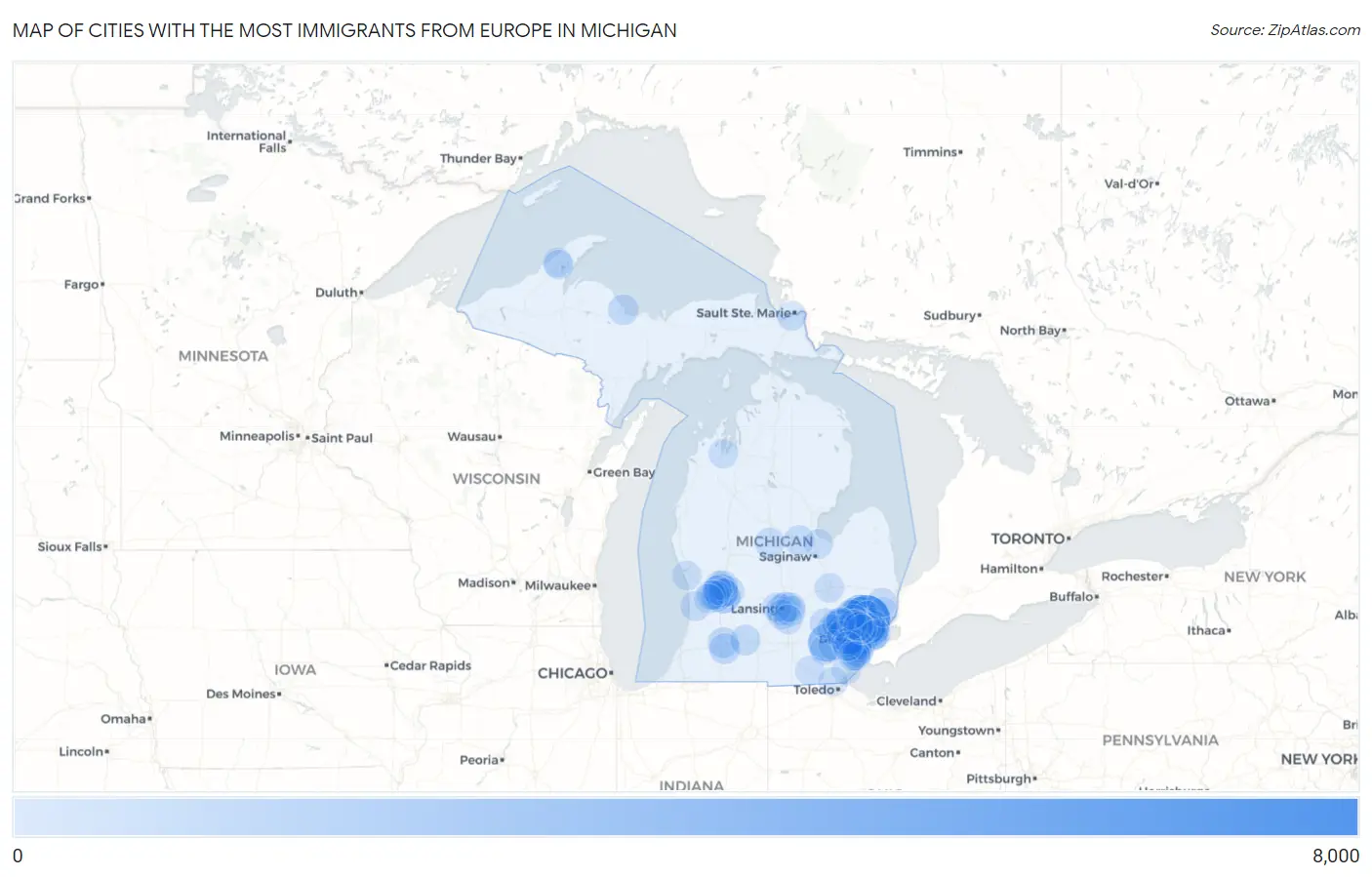 Cities with the Most Immigrants from Europe in Michigan Map