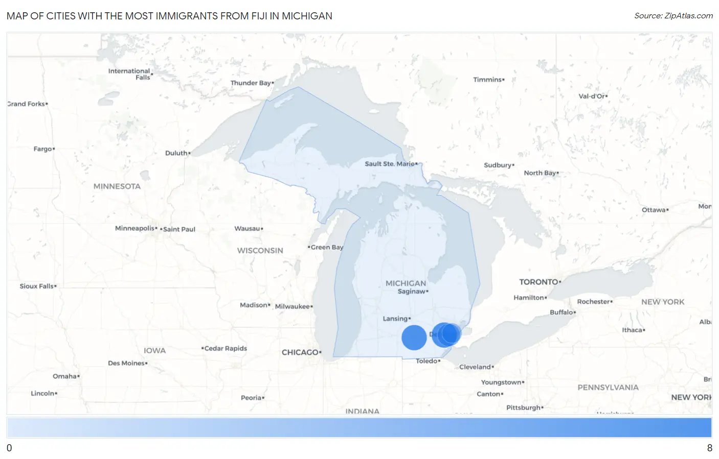 Cities with the Most Immigrants from Fiji in Michigan Map