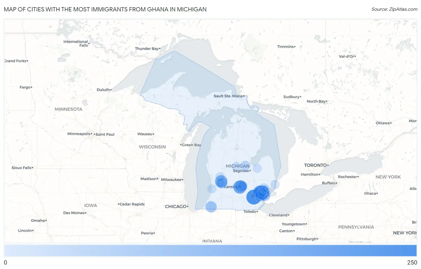 Cities with the Most Immigrants from Ghana in Michigan Map