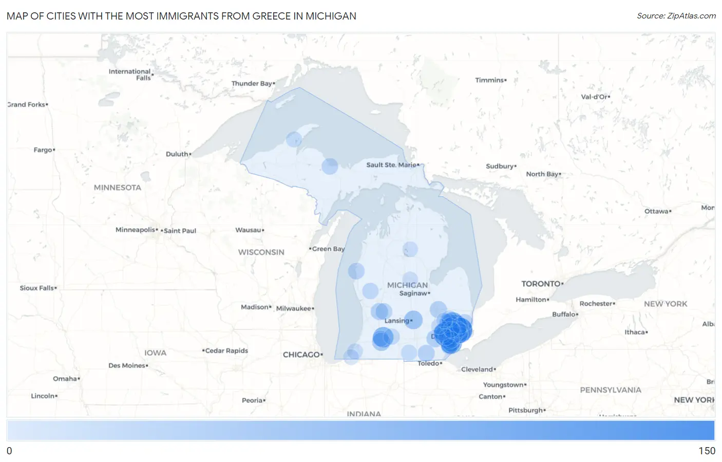 Cities with the Most Immigrants from Greece in Michigan Map