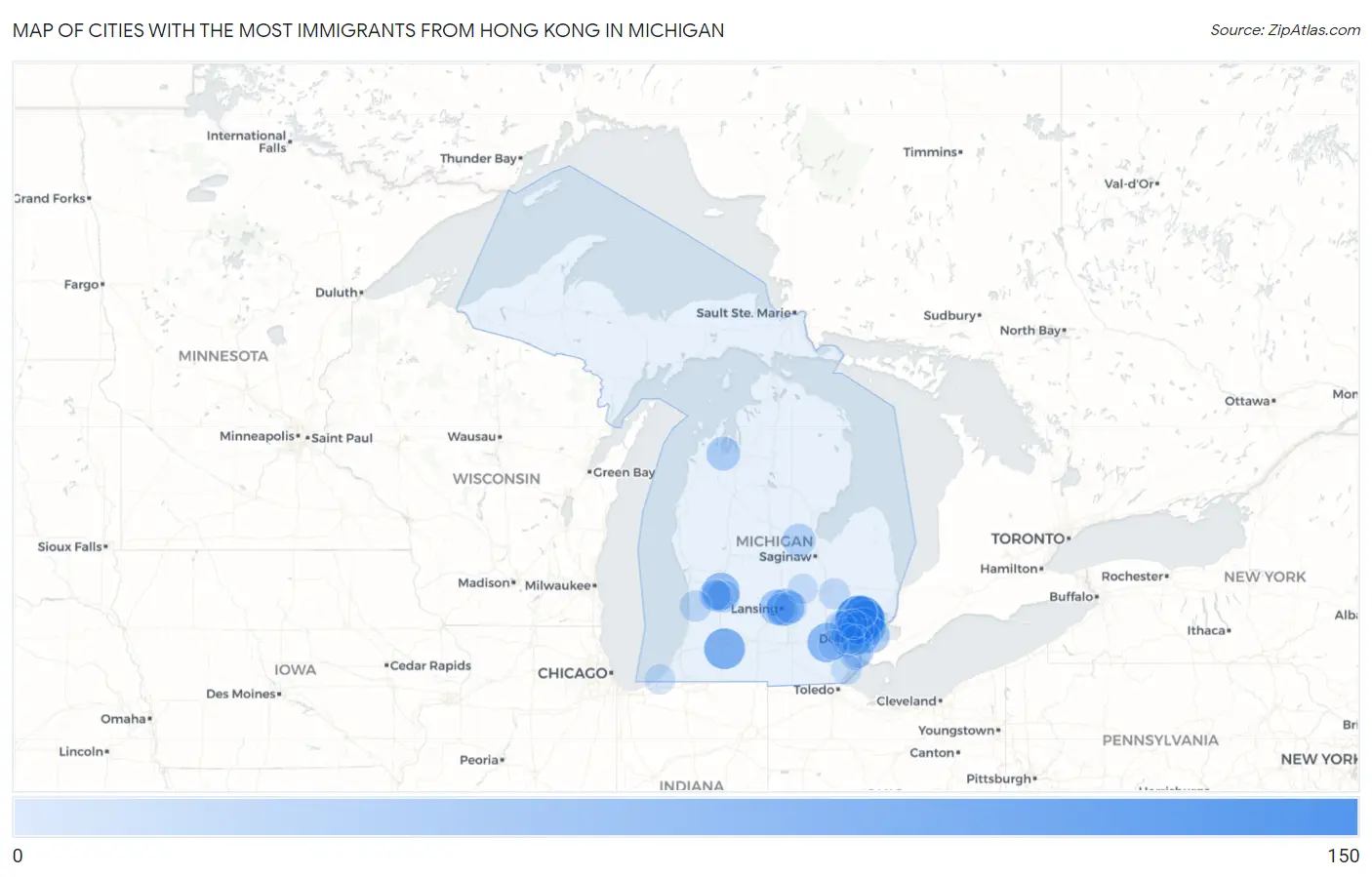 Cities with the Most Immigrants from Hong Kong in Michigan Map