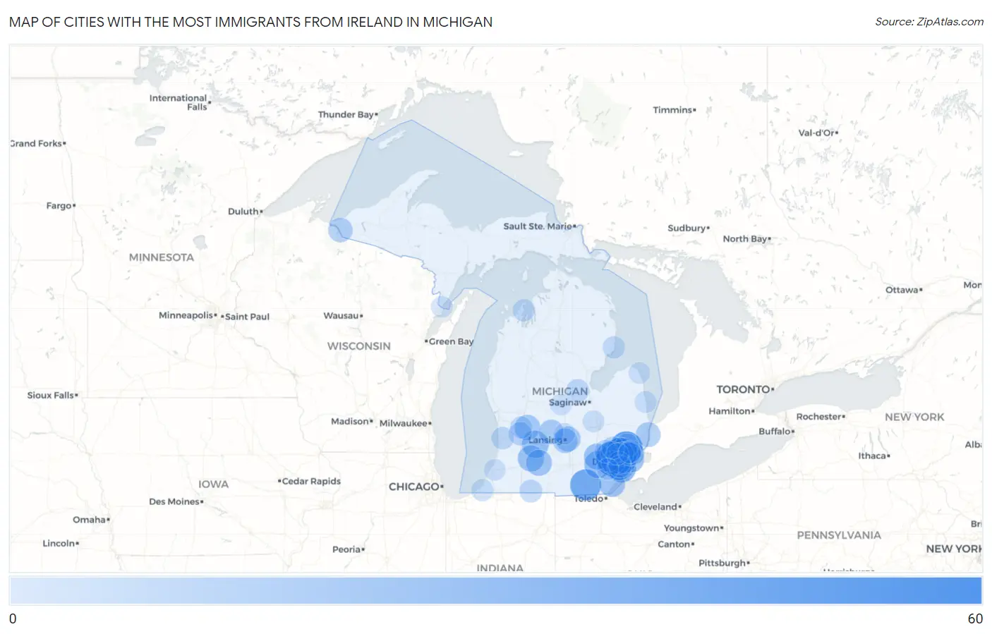 Cities with the Most Immigrants from Ireland in Michigan Map