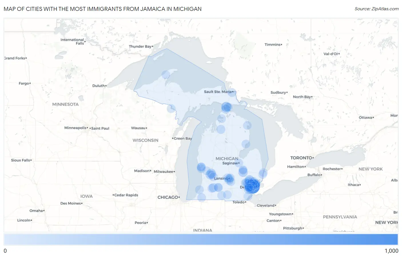 Cities with the Most Immigrants from Jamaica in Michigan Map