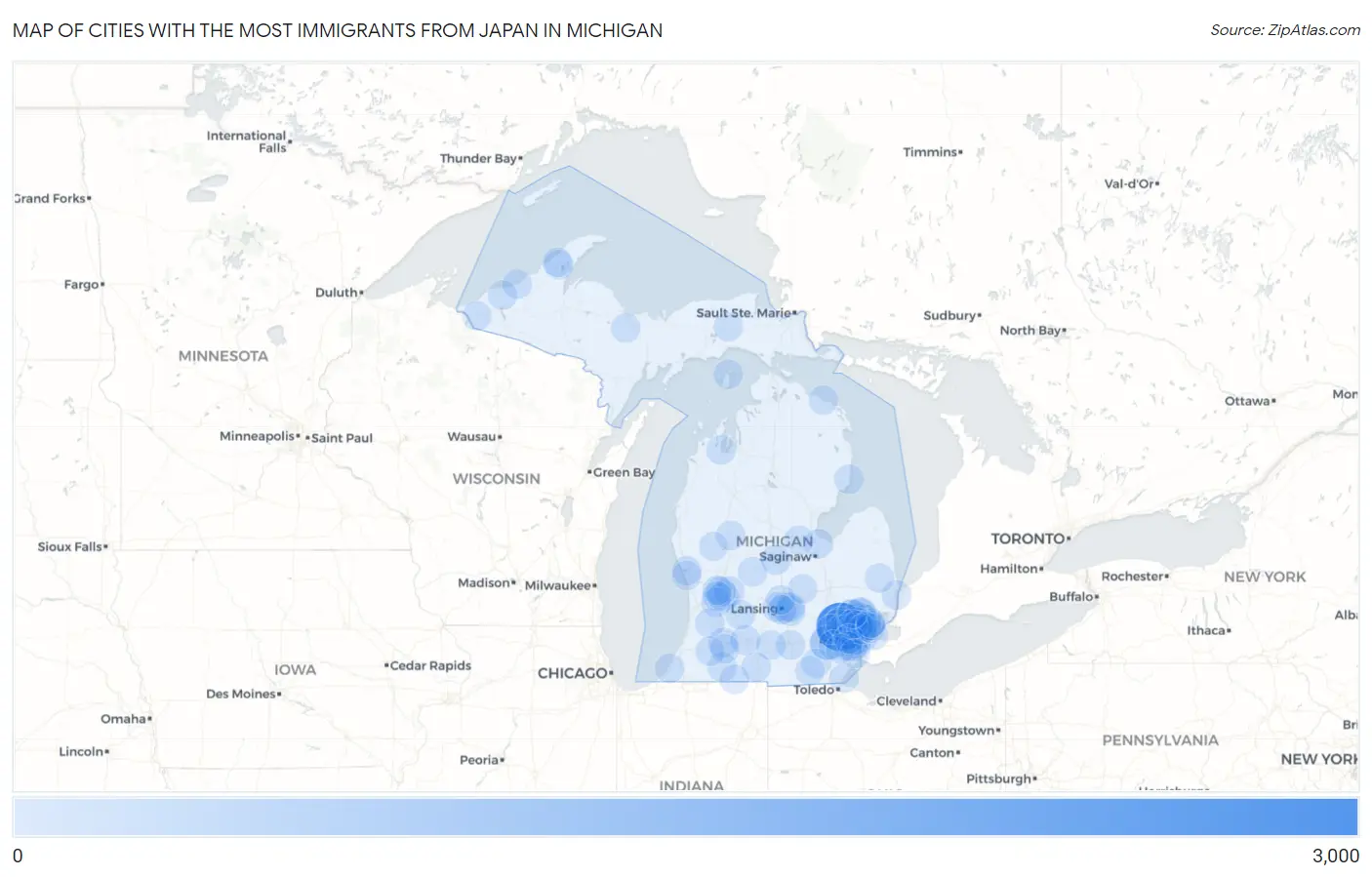 Cities with the Most Immigrants from Japan in Michigan Map