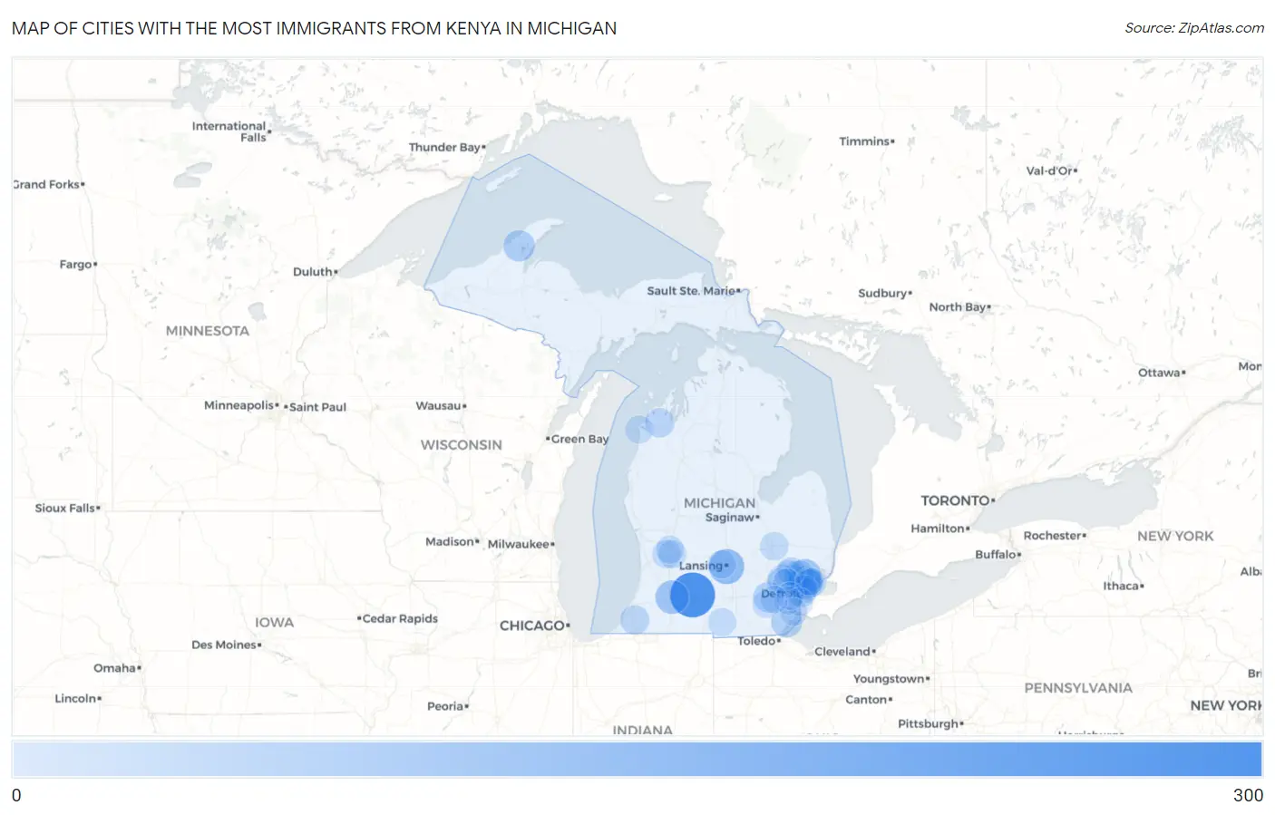 Cities with the Most Immigrants from Kenya in Michigan Map
