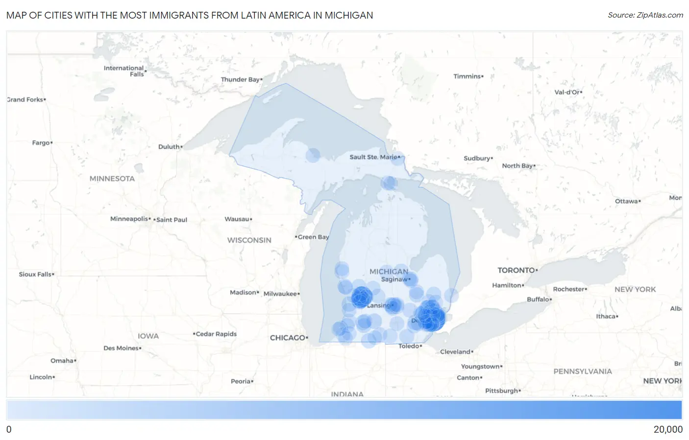 Cities with the Most Immigrants from Latin America in Michigan Map