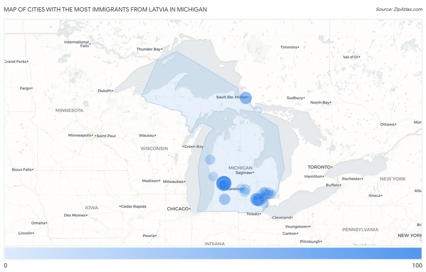 Cities with the Most Immigrants from Latvia in Michigan Map