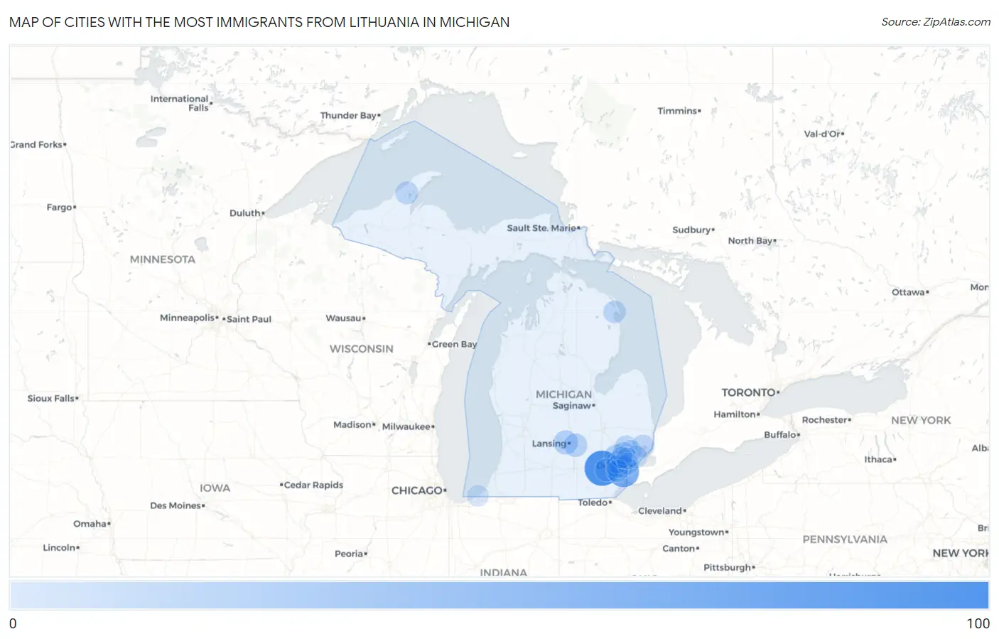 Cities with the Most Immigrants from Lithuania in Michigan Map
