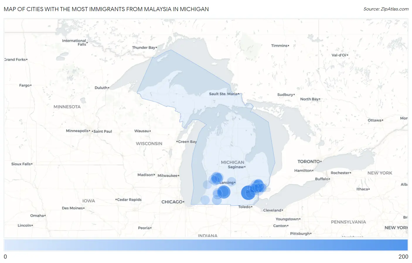 Cities with the Most Immigrants from Malaysia in Michigan Map