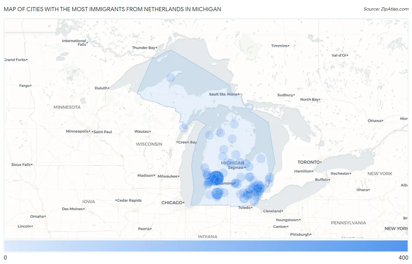 Cities with the Most Immigrants from Netherlands in Michigan Map
