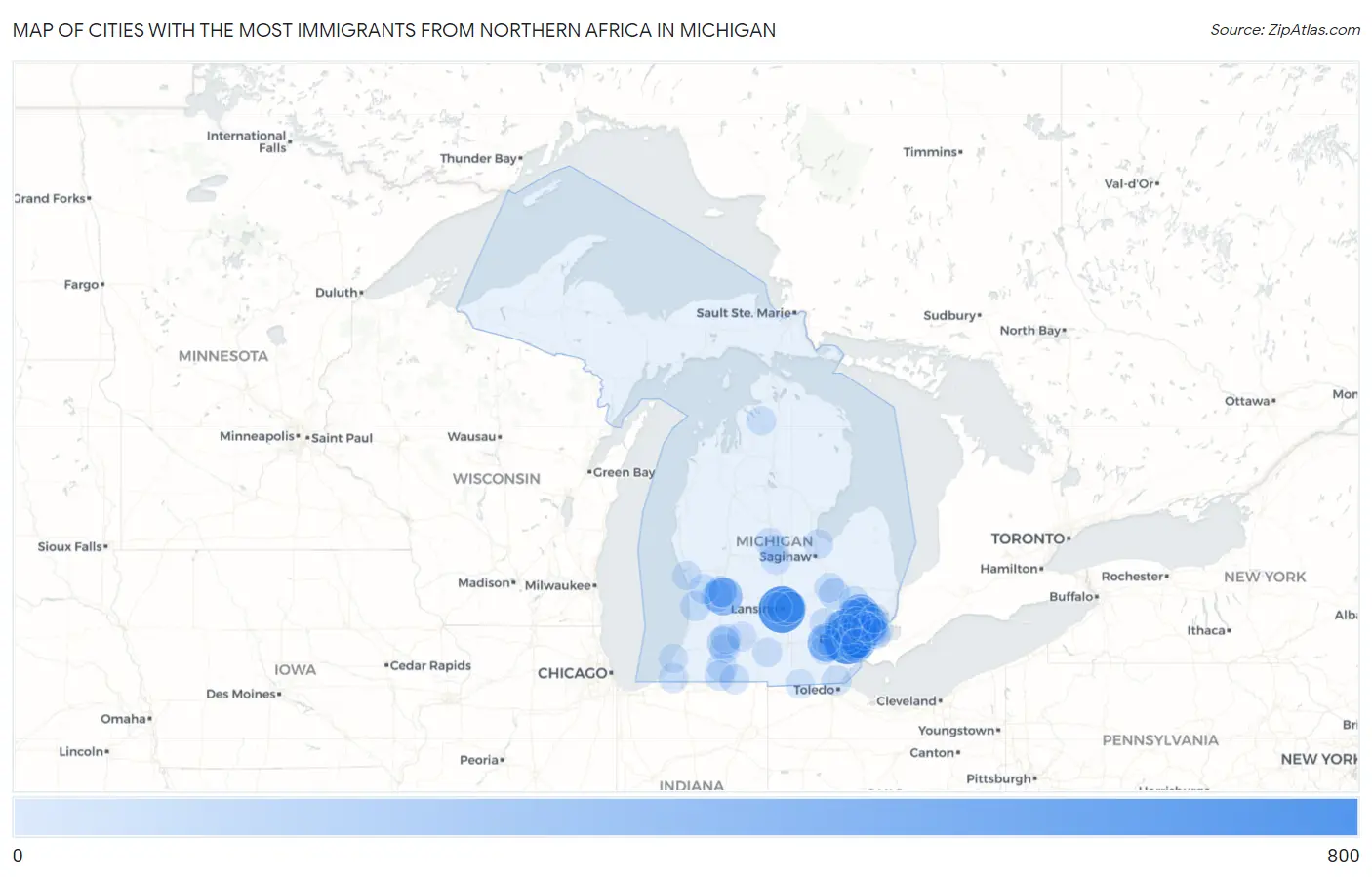 Cities with the Most Immigrants from Northern Africa in Michigan Map