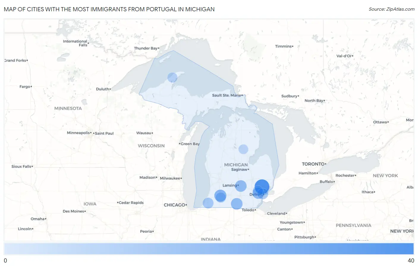 Cities with the Most Immigrants from Portugal in Michigan Map