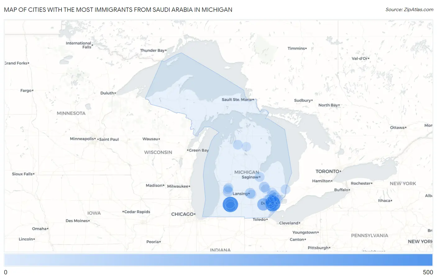Cities with the Most Immigrants from Saudi Arabia in Michigan Map