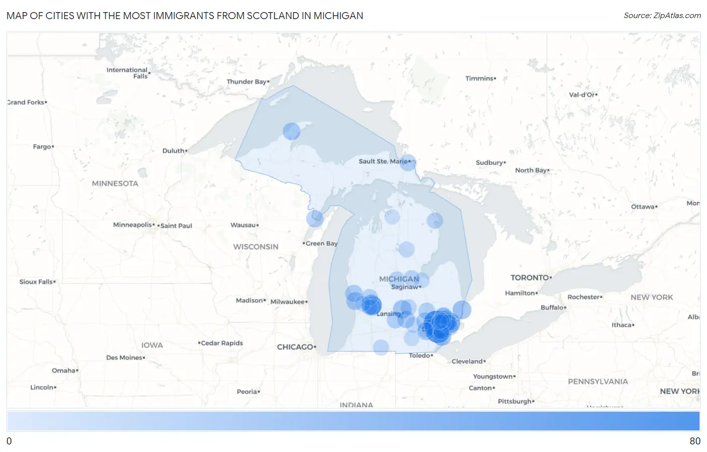 Cities with the Most Immigrants from Scotland in Michigan Map