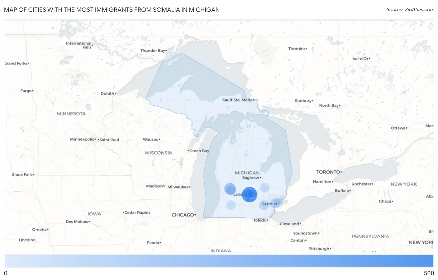 Cities with the Most Immigrants from Somalia in Michigan Map