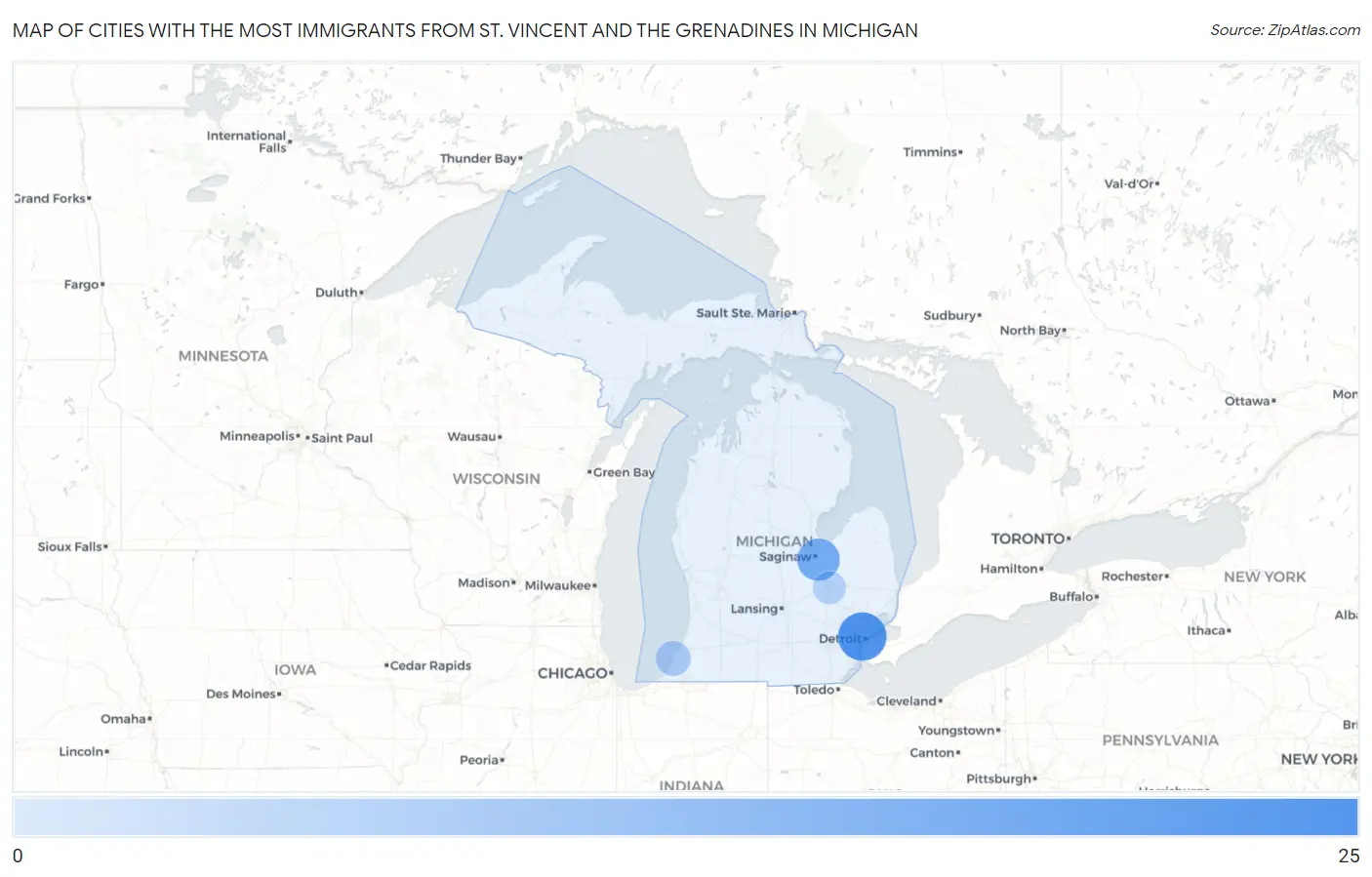 Cities with the Most Immigrants from St. Vincent and the Grenadines in Michigan Map
