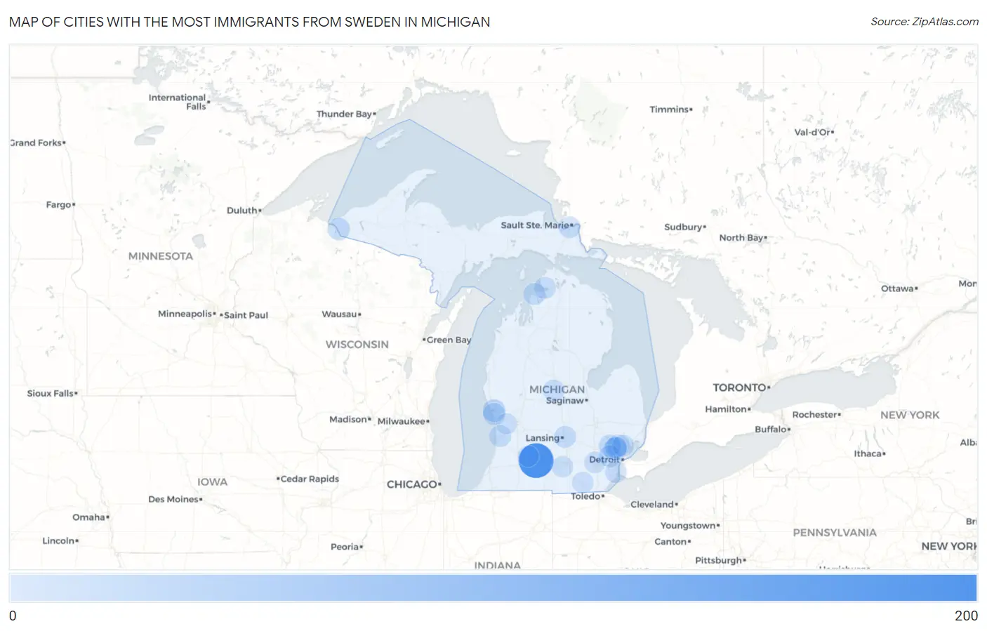 Cities with the Most Immigrants from Sweden in Michigan Map